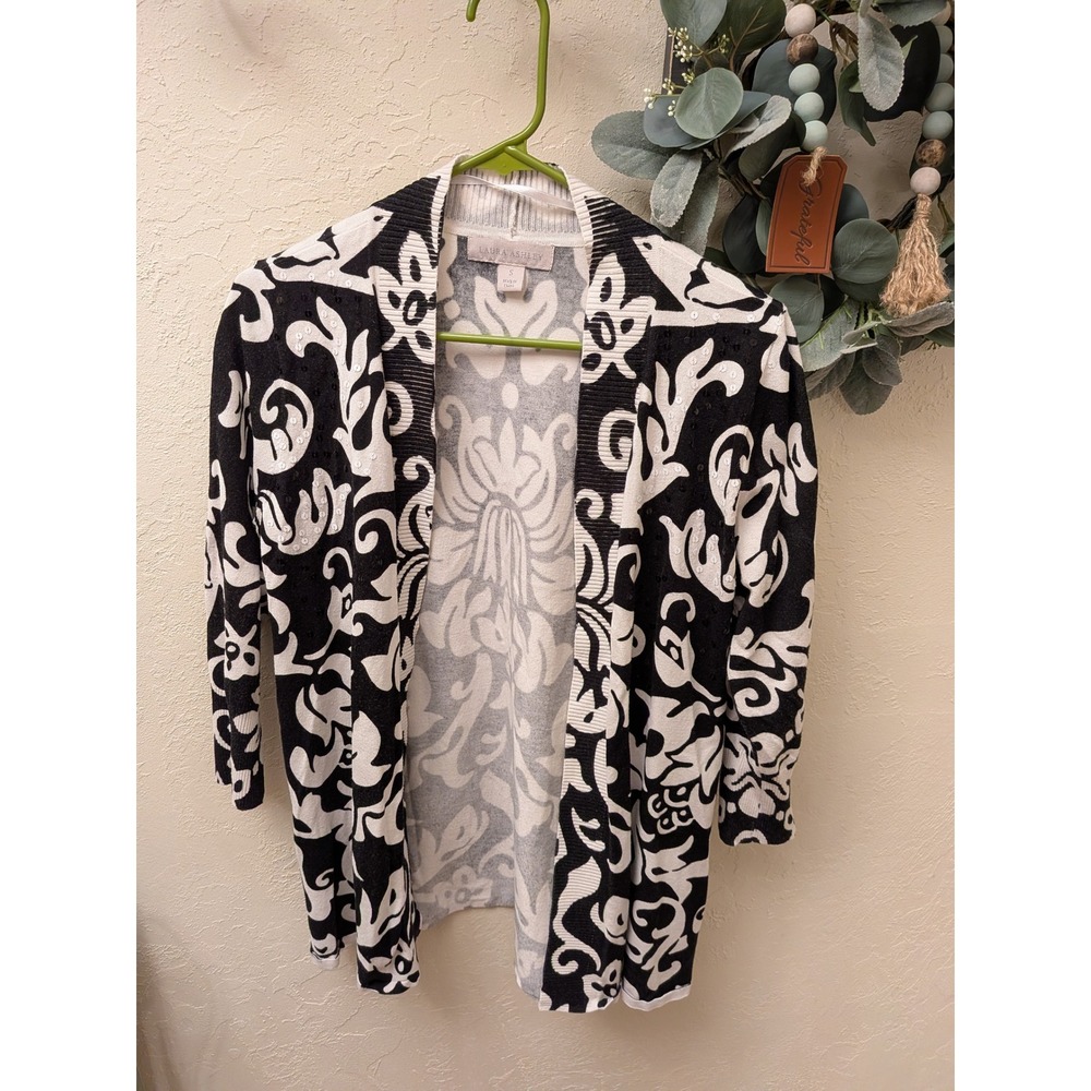 Laura Ashley‎ Womens Black White Damask Sequin Open Front Cardigan Sweater Small
